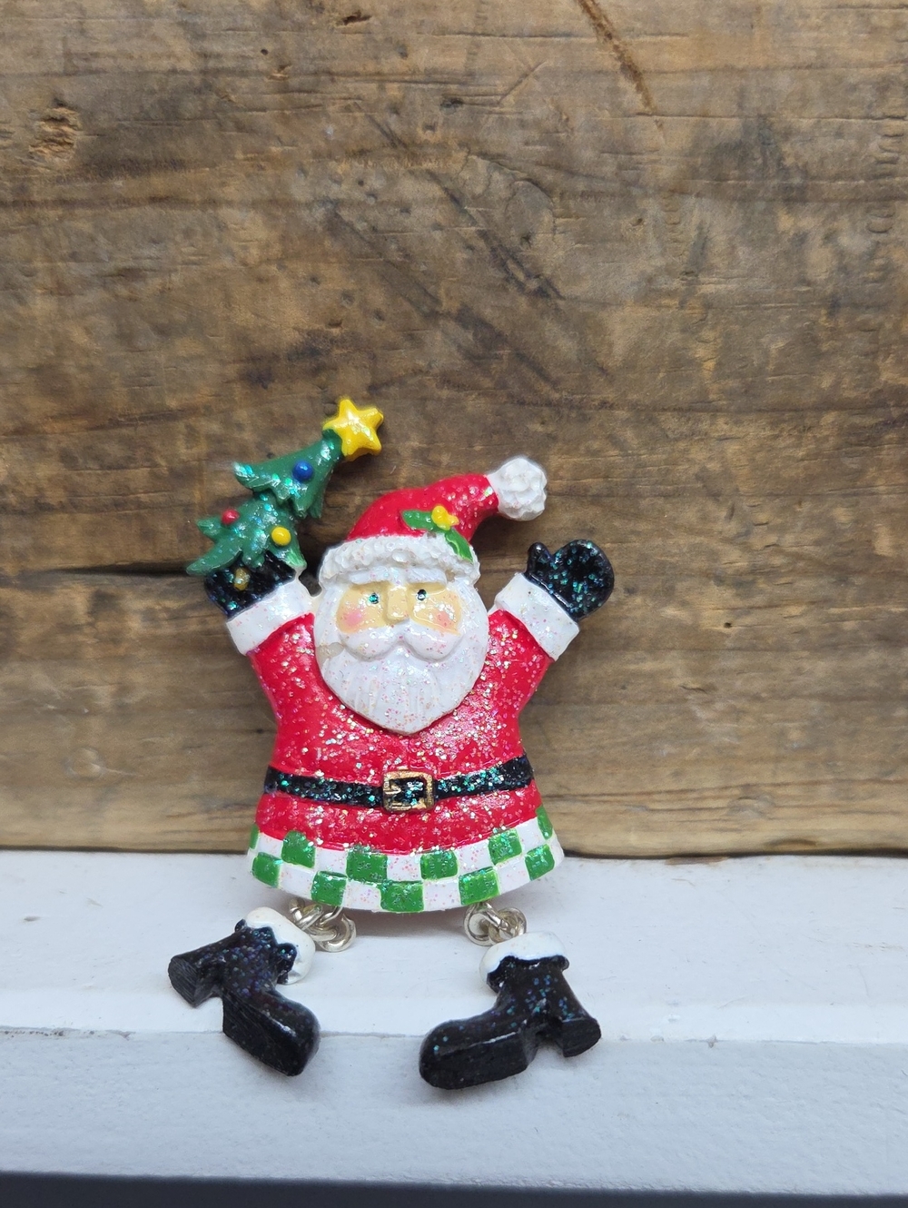 Vintage Articulated Whimsical Resin Santa Claus Christmas Pin Brooch